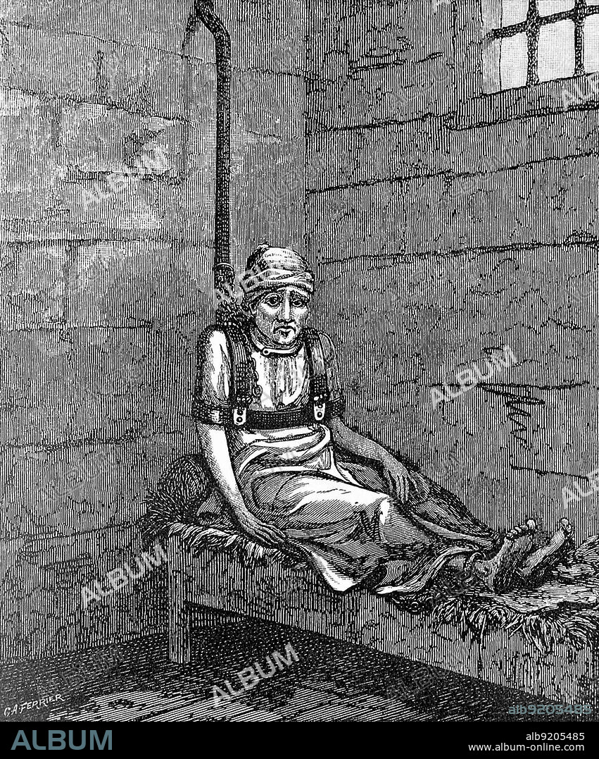 The American seaman James (called William) Norris, inhumanely chained in the insane asylum of Bedlam Hospital for 12 years. Interest in his case generated enthusiasm for asylum reform. From an etching by George Cruikshank, circa 1820, after drawing from the life by G. Arnald 1814.