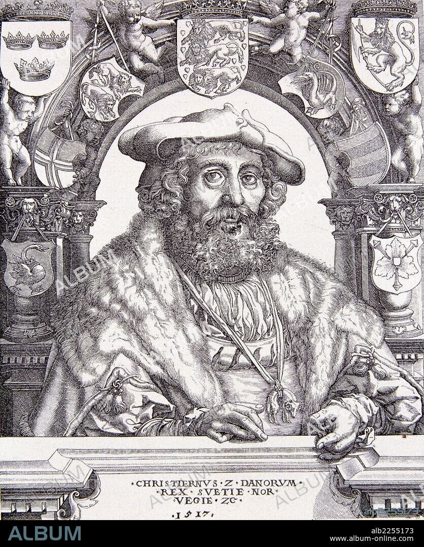CRISTIAN II ( 1481 - 1559 ). REY DE DINAMARCA , NORUEGA Y SUECIA , HIJO Y SUCESOR DE JUAN DE DINAMARCA Y DE NORUEGA. GRABADO RETRATO EN COBRE POR JACOBO BINK.
