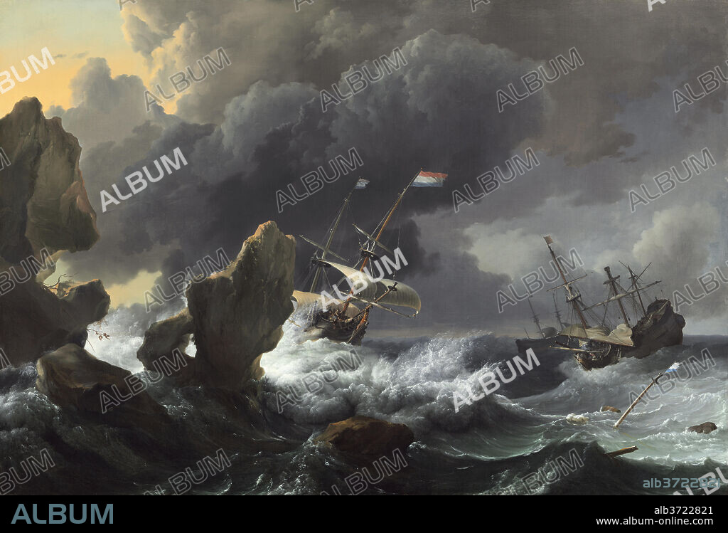 LUDOLF BACKHUYSEN. Ships in Distress off a Rocky Coast. Dated: 1667. Dimensions: overall: 114.3 x 167.3 cm (45 x 65 7/8 in.)  framed: 147.3 x 146.1 x 6.4 cm (58 x 57 1/2 x 2 1/2 in.). Medium: oil on canvas.