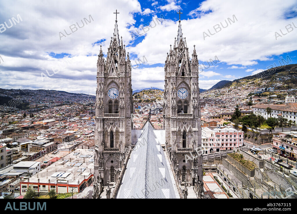 Quito Old Town seen from the roof of La Basilica Church, UNESCO World Heritage Site, Quito, Ecuador, South America.