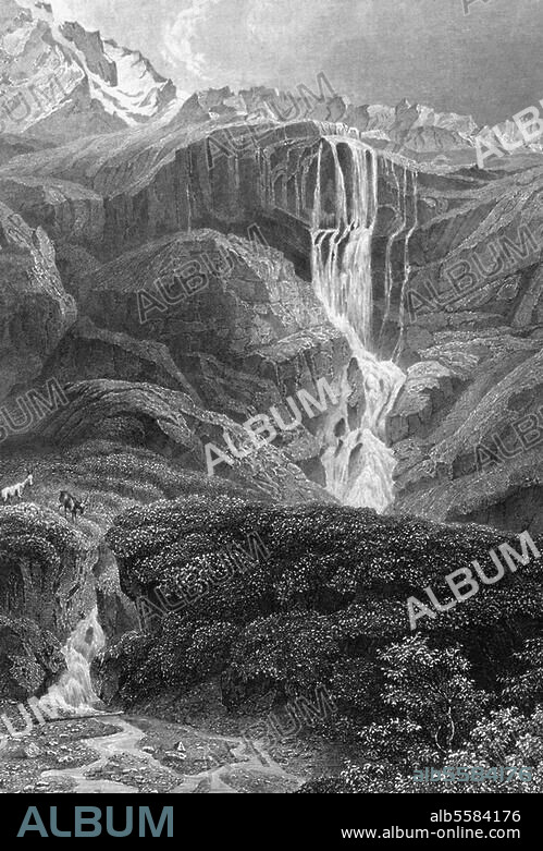Schmadribach. (Gebirgsbach im Berner Oberland). Ansicht des Schmadribachfalls bei Lauterbrunnen. Stahlstich, um 1850.