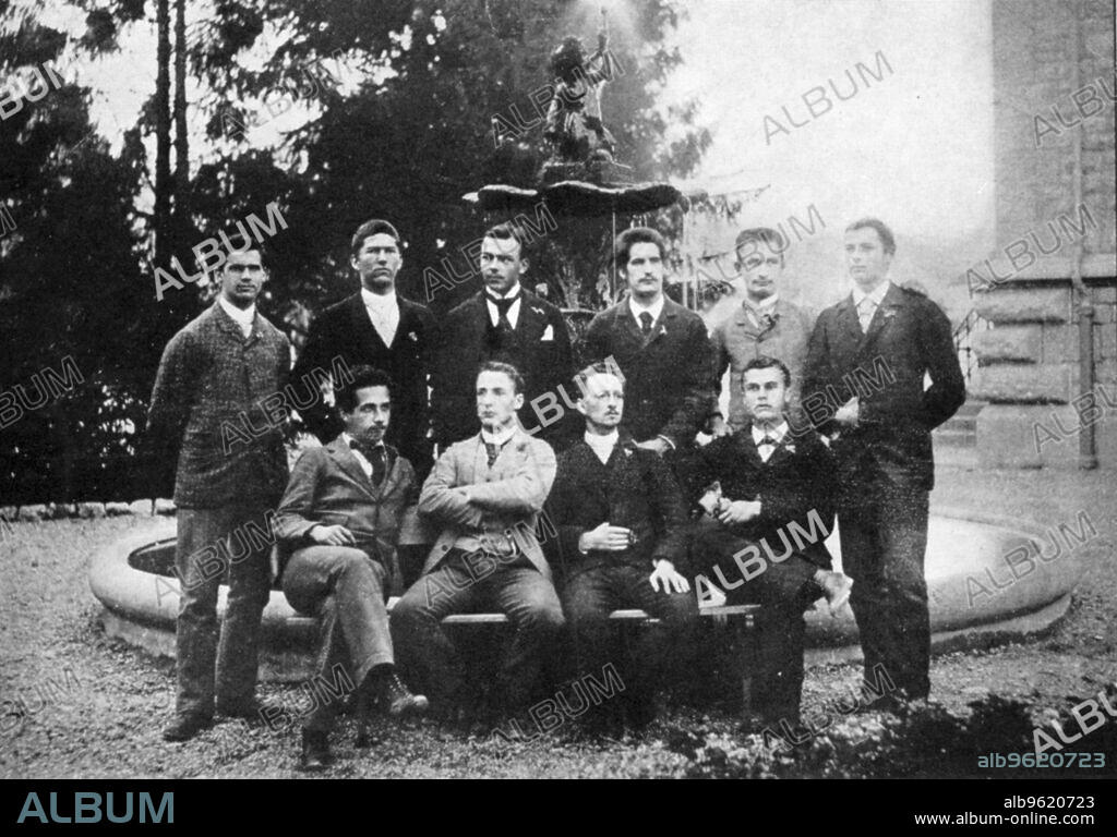 Albert Einstein (1879-1955), German-Swiss mathematician and theoretical physicist, c1896. Einstein, seated, far left, with his graduation class at the Cantonal School, Aarau, Switzerland. Einstein's main contribution to science was the theory of relativity, regarded by many as the most important theory in the history of physics. His special (1905) and general (1916) theories of relativity, proved the concept that time does not exist at the same rate for everyone and everything. Special Relativity produced the equation which expresses the equivalence between matter and energy: E=mc squared. In 1921, Einstein received the Nobel Prize for Physics. His Jewish faith meant that he had to leave Germany during the Nazi period, emigrating to the USA and taking American citizenship.