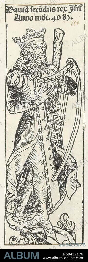 King David, David secundus rex Israel (title on object), Liber Chronicarum (series title), King David playing his harp. He is depicted at the roots of his family tree in the Liber Chronicarum. The print is part of an album., print maker: Michel Wolgemut, (workshop of), print maker: Wilhelm Pleydenwurff, (workshop of), Neurenberg, 1493, paper, letterpress printing, height 161 mm × width 52 mm.