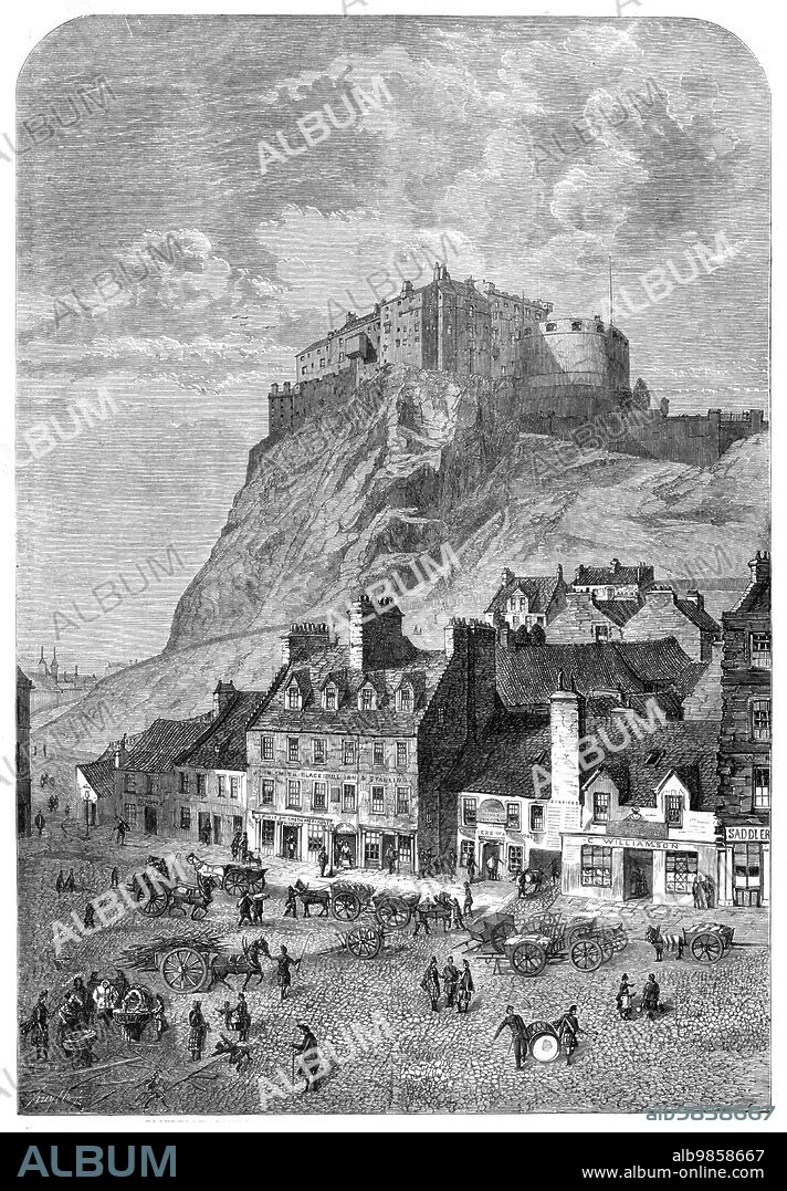 SMYTH. Edinburgh Castle, from the Corn Exchange, in the Grassmarket, 1860. The castle '...consists of a series of irregular fortifications, and although, before the invention of gunpowder, it might be considered impregnable, it is now a place of more apparent than real strength. It can be approached only upon the eastern side. The other three sides are very precipitous; some parts...being more than perpendicular. Its elevation is 383 feet above the level of the sea, and from various parts of the fortifications a magnificent view of the surrounding country may be obtained. It contains accommodation for 2000 soldiers, and its armoury affords space for 30,000 stand of arms...The architectural effect of the castle has been much marred by a clumsy pile of barracks on its western side...In the earlier periods of Scottish history this fortress experienced the vicissitudes common to the times, and was frequently taken and retaken by various conflicting parties'. From "Illustrated London News", 1860.