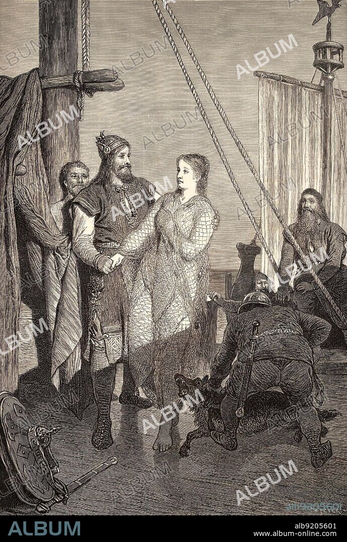 Ragnar Lodbrok was a legendary Viking hero, as well as a legendary Danish and Swedish king. He is known from Old Norse poetry of the Viking Age, Icelandic sagas, and near-contemporary chronicles. According to the traditional literature, Ragnar distinguished himself by conducting many raids against the British Isles and the Holy Roman Empire during the 9th century. Here Ragnar receives his wife Kre?ka (Aslaug), as depicted by August Malmstre?m, 1880.