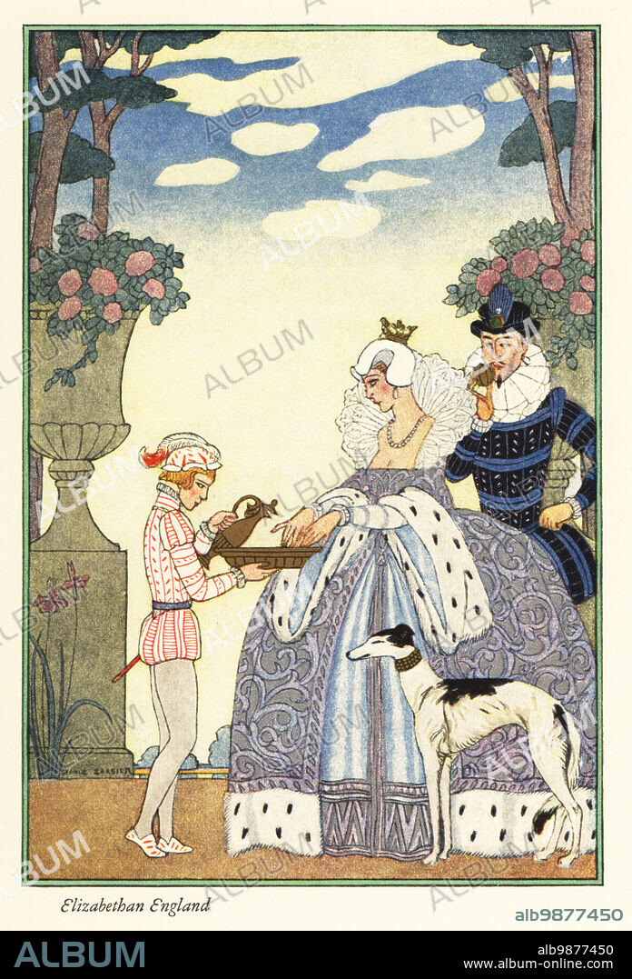Queen Elizabeth of England washes her hands in a bowl held by her page boy in a garden. A courtier in a ruff collar sniffs a clove orange beside her. Smithsonian-process colour print after Art Deco master George Barbier from Richard le Galliennes Romance of Perfume, Hudnut, New York, 1928.