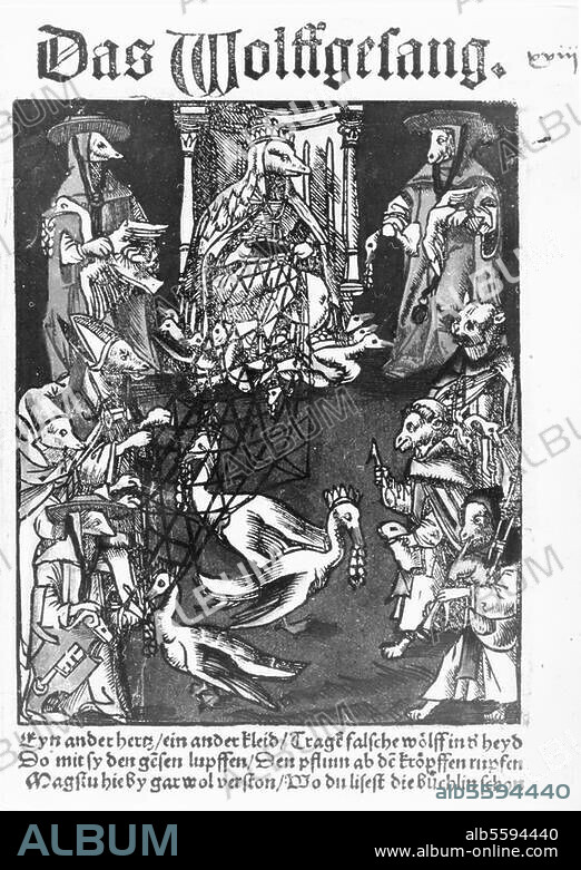 ANONYM. Reformation und Bauernkriege. Flugschriften. Vadian, Joachim: "Das Wolffgesang".- (Antikatholische Streitschrift, nach dem biblischen Gleichnis des schlechten Hirten in Wolfsgestalt, der die Gläubigen verführt). Basel (Adam Petri), 1520. Kolorierter Titelholzschnitt (mit Papst u. Geistlichen als Wölfen und Schafen).