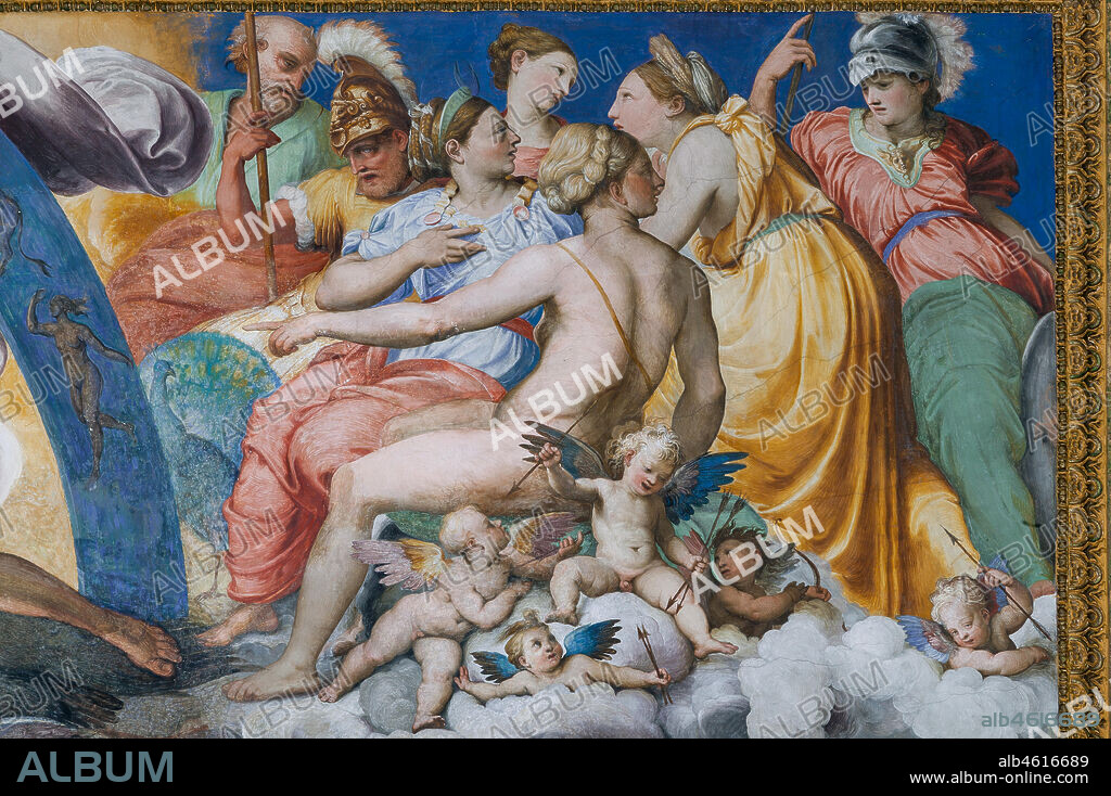 Genoa, Villa del Principe (Palazzo di Andrea Doria), The Hall of Jupiter, the vault: Zeus striking the rebelling Giants (the Fall of Giants). Detail with Olympus Gods and putto. Fresco by Perin del Vaga (Pietro Bonaccorsi), 1530 - 1533.