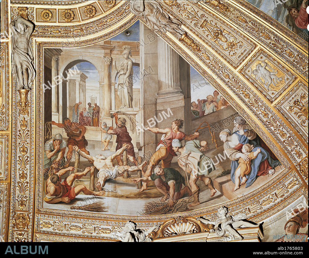 Flagellation of St Andrew, by Domenico Zampieri known as il Domenichino, 1622-1627, 17th Century,. Italy, Lazio, Rome, SantAndrea della Valle Church. Detail. Decoration vault overlapping presbytery panel surrounded by white and golden stuccoes with baroque decorations festoons angels scene of the martyrdom of St Andrew setting classical buildings statue of Minerva columns arcades forum persecuters flogging the saint lying on the floor while other figures prepare faggots for the fire.
