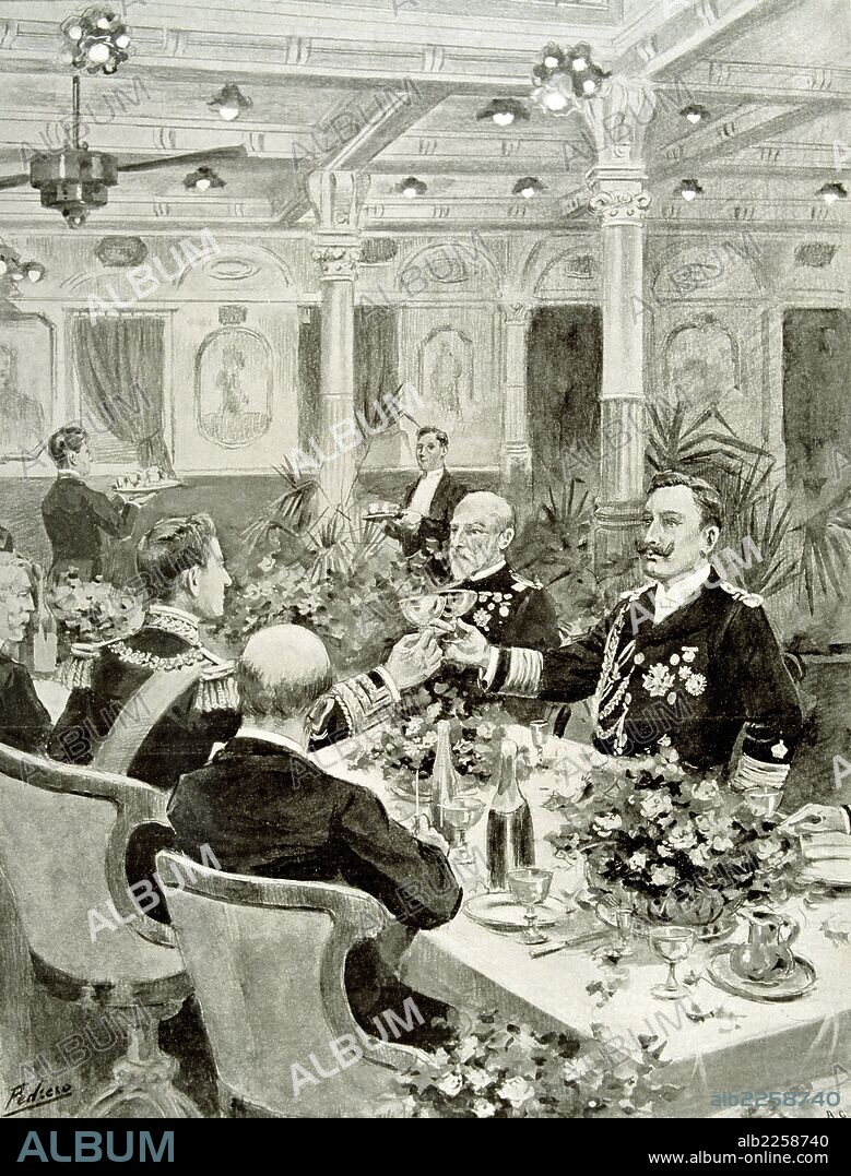 GUILLERMO II DE ALEMANIA. EMPERADOR DE ALEMANIA. 1859-1941. ENTREVISTA EN VIGO CON EL REY DE ESPAÑA, ALFONSO XIII, EN 1904. GRABADO DE L¿ILLUSTRATION.