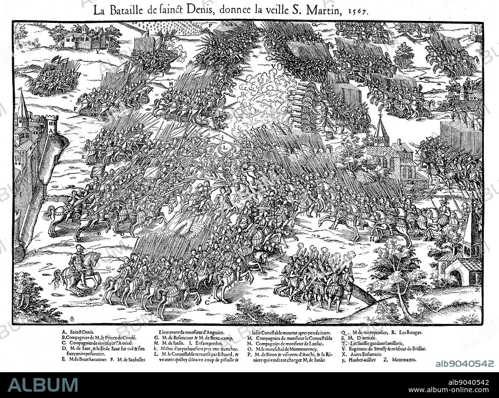 French Religious Wars 1562-1598 Battle of St Denis, 10 November 1567, between Huguenots under Louis, Prince de Conde (1530-1569) and the royal army under Anne de Montmorency (1493-1567) who was mortally wounded in the battle. Huguenots defeated. Engraving by Jacques Tortorel (fl1568-1590) and Jean-Jacques Perrissin (c1536-1617) from their series on the Huguenot Wars, c1570.