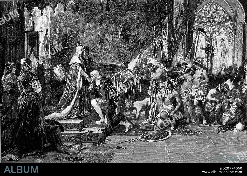 RICARDO ANCKERMANN (1842-1907). PRESENTACION DE CRISTOBAL COLON A LOS REYES CATOLICOS EN BARCELONA - GRABADO SIGLO XIX.