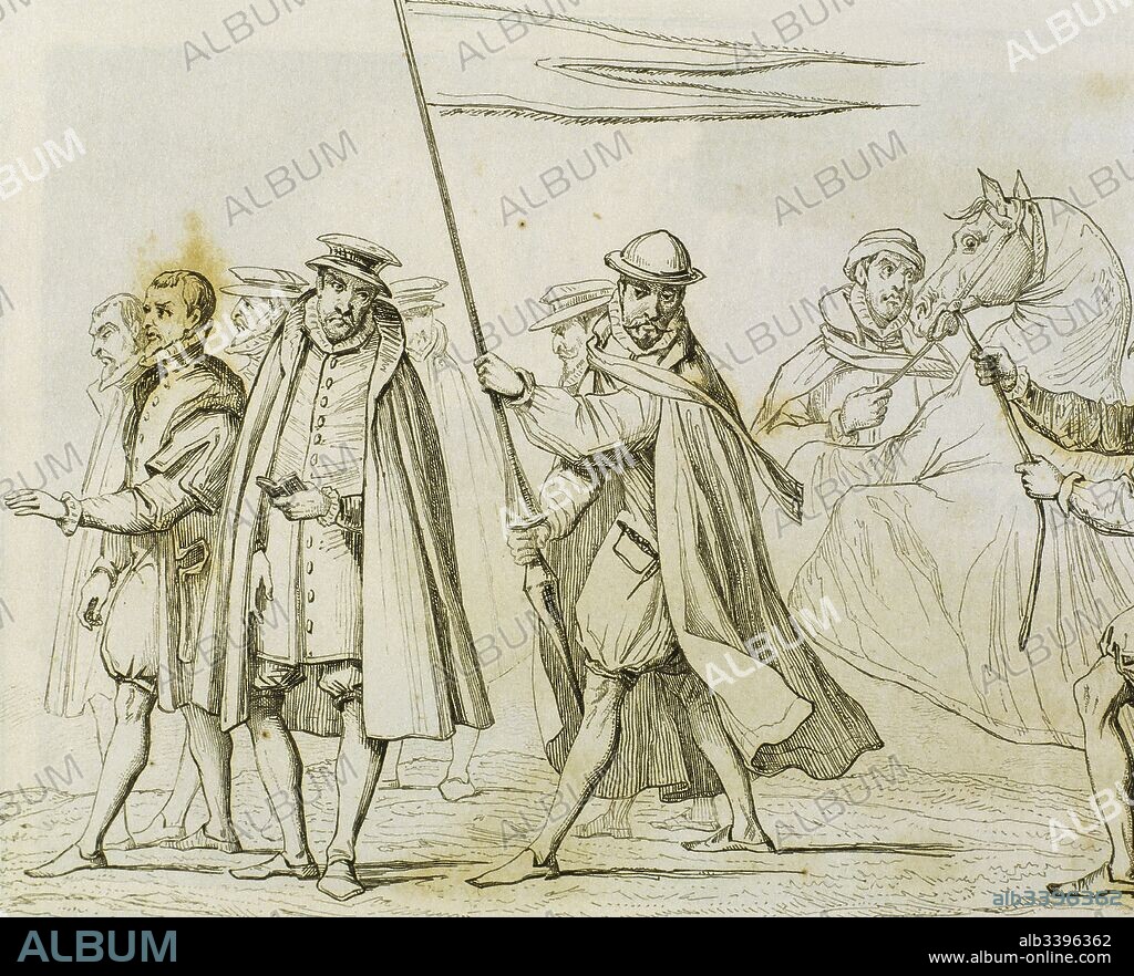 Funeral of Frederick II (1534-1588), King of Denmark and Norway (1559-1588) in Roskilde. Detail. Doctors and teachers. Engraving. "Panorama Universal, Denmark", 1845.
