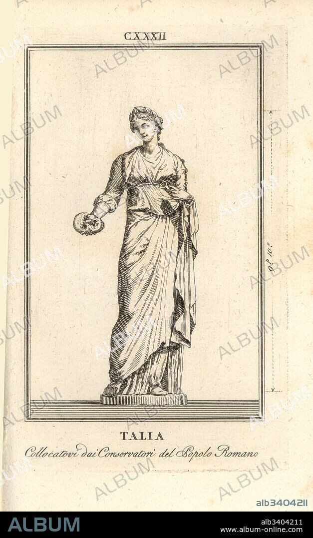 Statue of Thalia, muse of comedy, with mask and trumpet. In the collection of Conservatori del Popolo Romano. Copperplate engraving from Pietro Paolo Montagnani-Mirabili's Il Museo Capitolino (The Capitoline Museum), Rome, 1820.