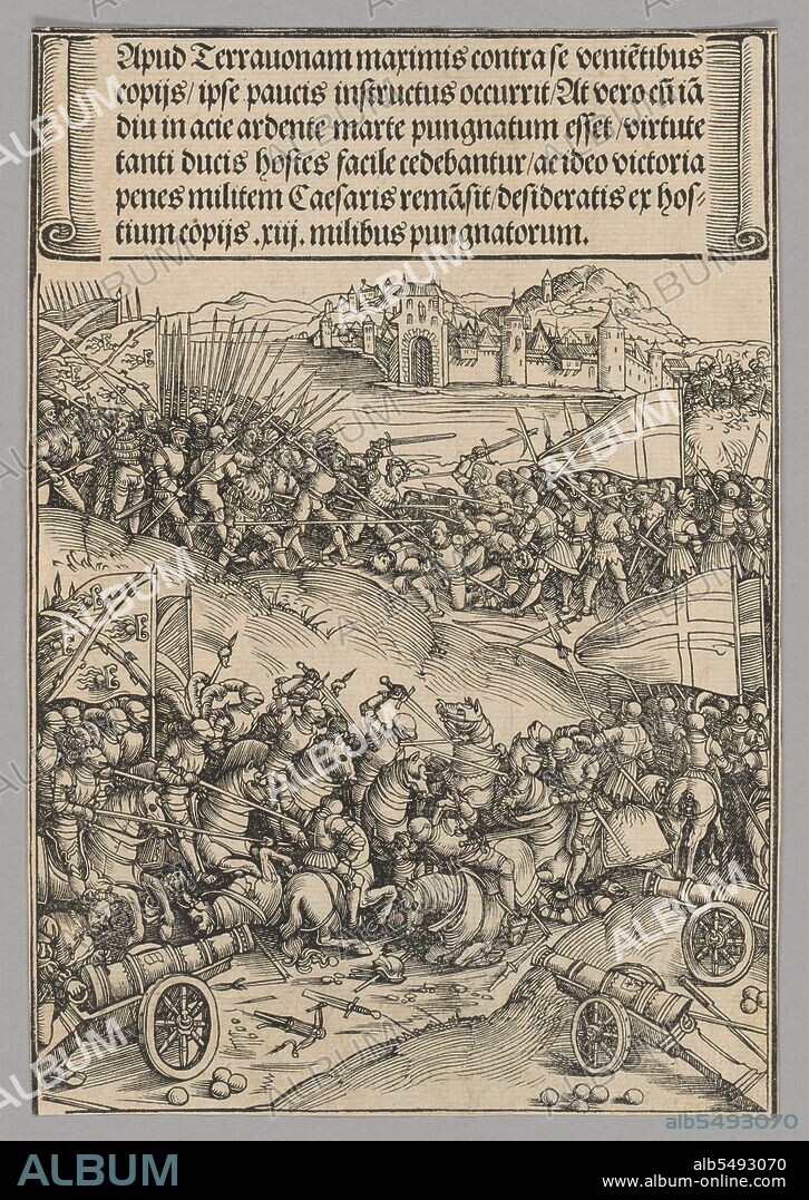 WOLF TRAUT. Battle of Guinegate, plate 4 from Historical Scenes from the Life of Emperor Maximilian I from the Triumphal Arch, 1515-17, printed c. 1520.