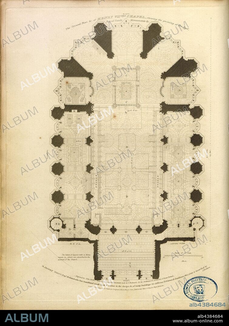The Ground Plan, Henry VII Chapel floor plan in Westminster Abbey, signed: Engraved by John Roffe from F. Mackenzie, drawing Fig. 9, Pl. I, p. 8, Mackenzie, F. (drawing); Roffe, John (engr.), 1812, John Britton: The architectural antiquities of Great Britain: represented and illustrated in a series of views, elevations, plans, sections and details of various ancient English edifices: with historical and descriptive accounts of each. Bd. 2. London: J. Taylor, 1807-1826.