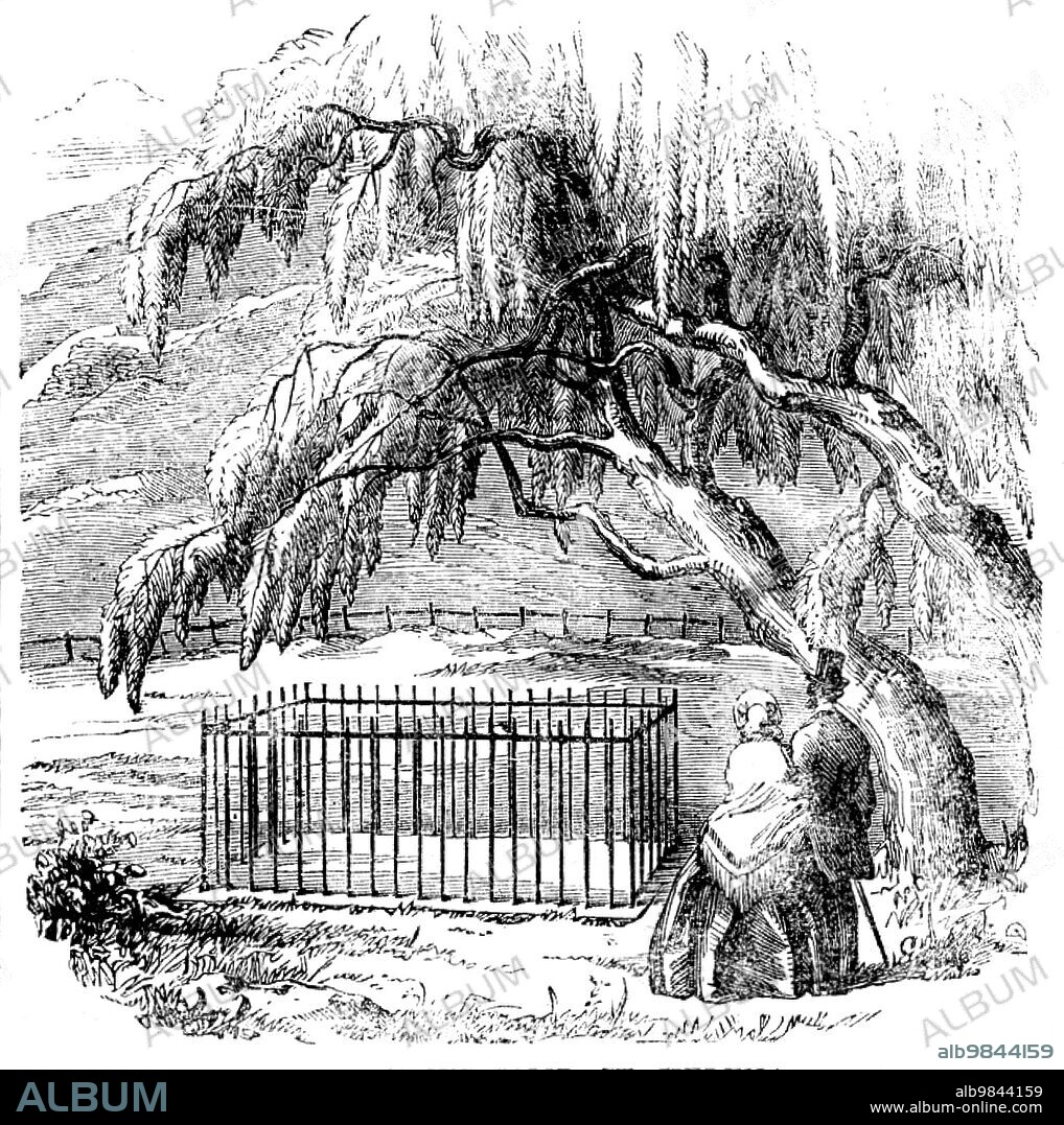 Napoleon's Tomb, St. Helena, 1858. View of '...the spot where his ashes reposed previously to their removal, in 1840, during the reign of Louis Philippe, to Paris. Travellers still resort to the spot which once contained the ashes of Napoleon; but nothing is now to be seen within the railings but the excavation which once contained all that was mortal of the mighty Emperor. Of the three beautiful willows which shaded the retreat, one stump alone remains. One of the willows was blown down, by a singular coincidence, on the night of Napoleon's death. The other two were cut away by degrees, each visitor being ambitious to possess a relic from Napoleon's tomb; and one of the dead trunks was taken to France by the Prince de Joinville in the Belle Poule, which bore away Napoleon's remains. The willows now growing are slips from the original trees, and even these are daily shorn of their branches by enthusiastic pilgrims'. From "Illustrated London News", 1858.