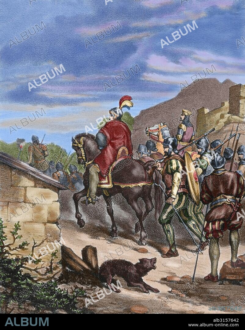 CONQUISTA DEL IMPERIO INCA (Siglo XVI). Expedición de Francisco PIZARRO (1478-1541) al interior del Perú, durante su tercer viaje a las Américas. Grabado del año 1875. Coloreado.