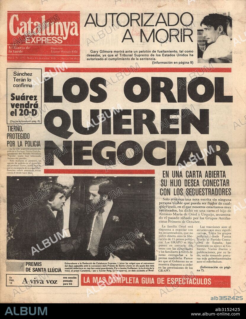 Portada del periódico Catalunya Express, año uno, número uno, editado en Barcelona, diciembre de 1976. Información sobre el secuestro de Antonio Maria Oriol de Urquijo por el GRAPO.