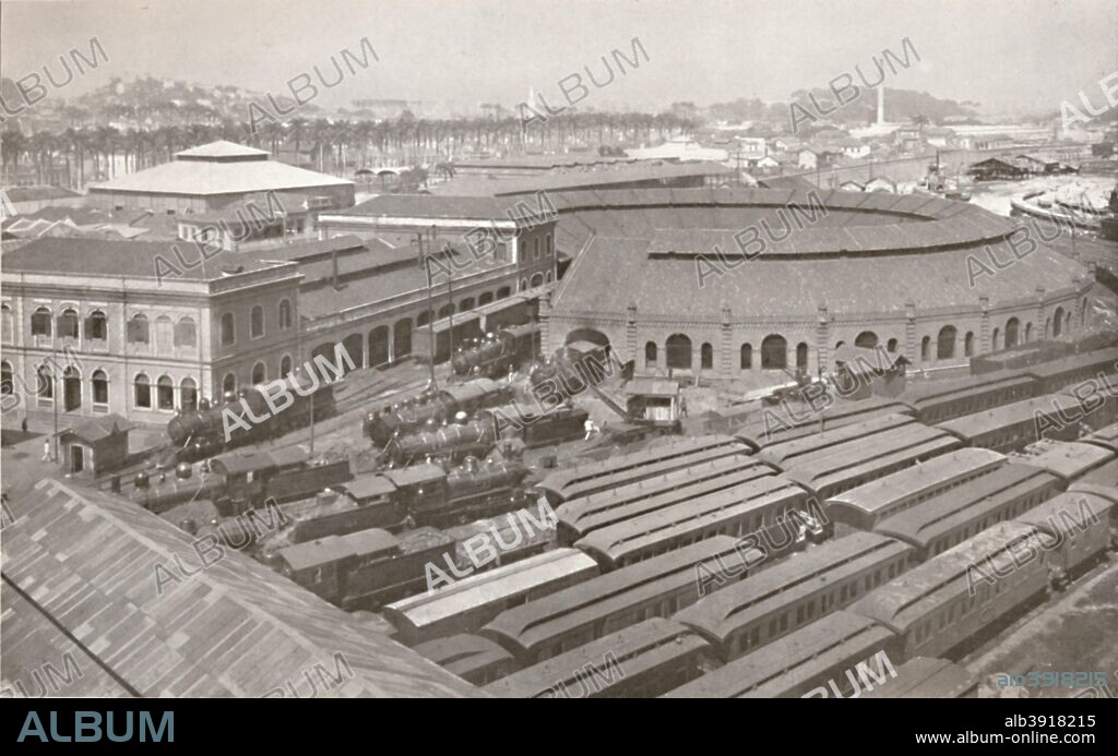 'The Rio de Janeiro Terminus of the Central Railway of Brazil', 1914. The Quadrilinear Royal Palm Avenue of the Mangue Canal in the background. From The Beautiful Rio De Janeiro by Alured Gray Bell. [William Heinemann, London, 1914].