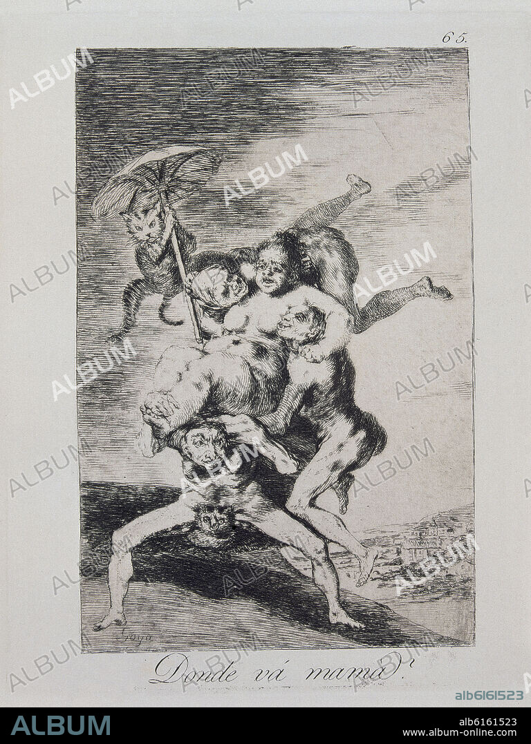 FRANCISCO DE GOYA. CAPRICHO 65 - ¿DONDE VA MAMA? - 1799 - AGUAFUERTE, AGUATINTA Y PUNTA SECA -  210x162 mm.