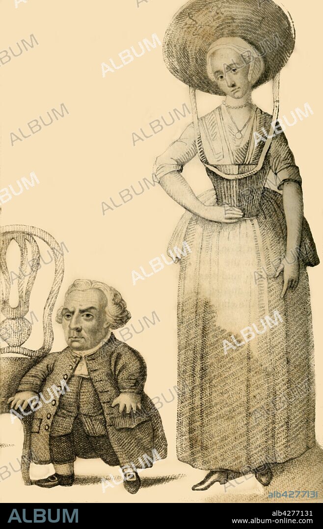 ROBERT COOPER. 'Wybrand Lolkes, The Dutch Dwarf', 1821. Portrait of Wybrand Lolkes (1733-1801) who visited Britain in 1790 and exhibited himelf at travelling fairs. He is pictured with his wife, with whom he had three children. From "Wonderful Characters: Comprising Memoirs and Anecdotes of the Most Remarkable Persons of Every Age and Nation", Vol. II, by Henry Wilson. [J. Robins and Co. Albion Press, London, 1821].