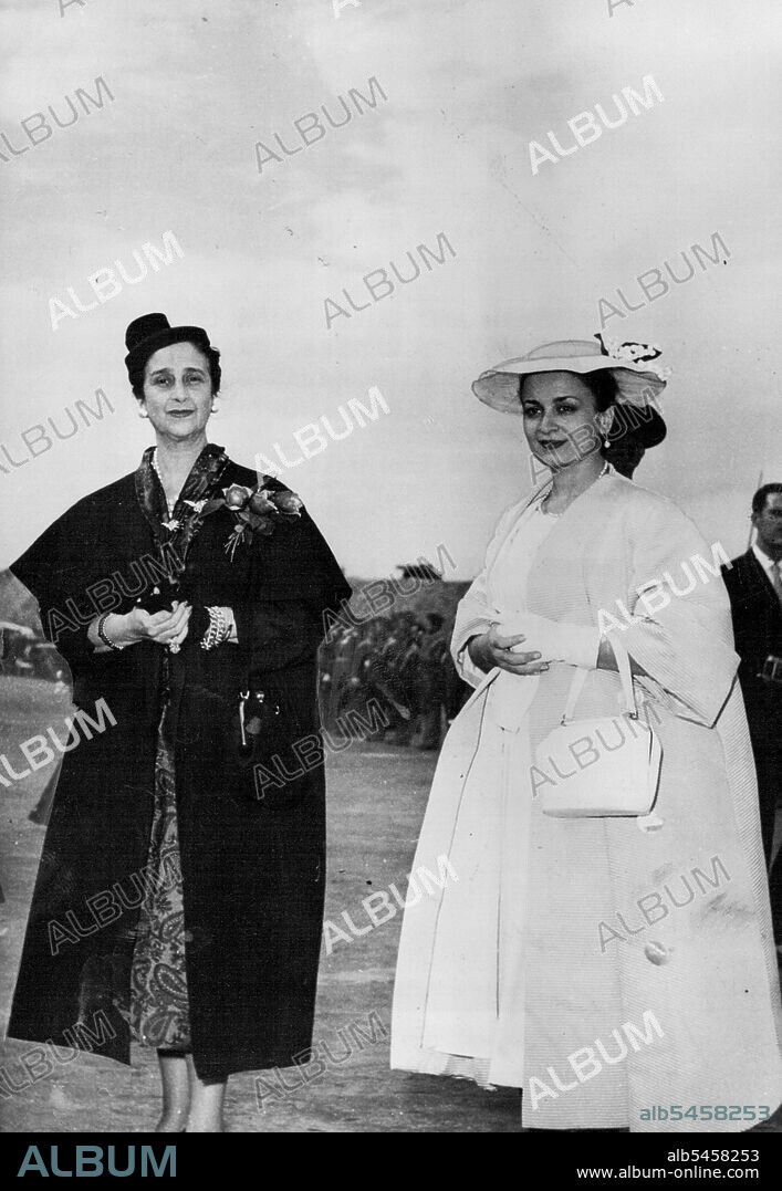 King Hussein Visits Spain -- Queen Dina (right) on arrival at Barajas Airport yesterday with king Hussein where they were met by general Franco and his wife. King Hussein and Queen Dina of Jordan, where met by general Franco when they arrived at Barajas Airport, Madrid, yesterday for a short visit to that country. The King and Queen will be visiting Britain later next week. June 08, 1955. (Photo by Paul Popper, Paul Popper Ltd. ).