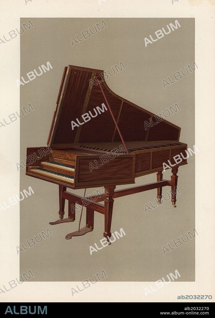 Empress harpsichord manufactured by Shudi and Broadwood, London, for the Empress Maria Theresa in 1773. Chromolithograph from an illustration by William Gibb from A.J. Hipkins' "Musical Instruments, Historic, Rare and Unique," Adam and Charles Black, Edinburgh, 1888. Alfred James Hipkins (1826-1903) was an English musicologist who specialized in the history of the pianoforte and other instruments. William Gibb was a master illustrator and chromolithographer and illustrated "The Royal House of Stuart" (1890), "Naval and Military Trophies" (1896), and others.