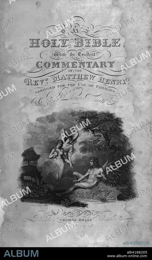 Title page of the Holy Bible, c1817. 'The Holy Bible, With the Excellent Commentary of the Revd Matthew Henry, Abridged for the Use of Families'. With angelic figures.