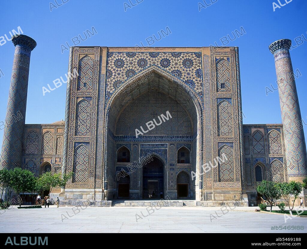 The Registan contains three madrasahs (schools), the Ulugh Beg Madrasah (1417–1420), Tilya-Kori Madrasah (1646–1660) and the Sher-Dor Madrasah (1619–1636). The Ulugh Beg Madrasah has its imposing portal with lancet arch facing the square. The corners are flanked by the high well-proportioned minarets. The mosaic panel over the entrance arch is decorated by geometrical stylized ornaments. The square-shaped courtyard includes a mosque, lecture rooms and is fringed by the dormitory cells in which students lived. There are deep galleries along the axes. Originally the Ulugh Beg Madrasah was a two-storied building with four domed darskhonas (lecture room) at the corners. The madrasah was one of the best clergy universities in the Moslem Orient of the 15th century. Abdurakhman Djami, a prominent poet, scientist and philosopher studied here. Ulugh Beg himself gave lectures here. During Ulugh Beg's government the madrasah was a centre of secular science.