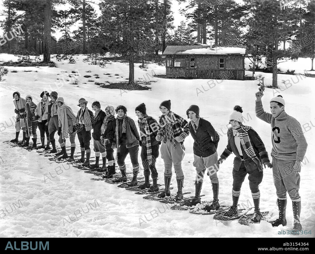 Big Bear, California:  1925. A scene from 'The Collegians' being filmed at Big Bear, California. George Lewis and Dorothy Gulliver are at the far right. Gulliver was the former 'Miss Salt Lake City'.