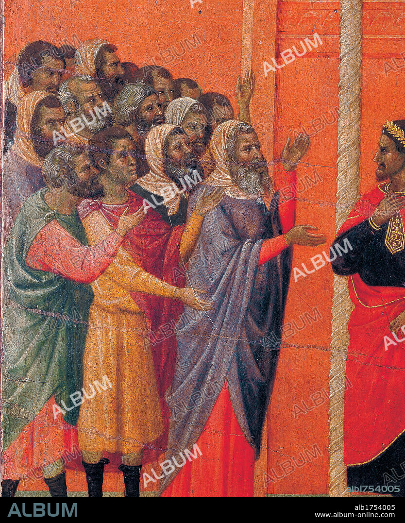 The Maestà, front, by Duccio di Buoninsegna, 1308-1311, 14th Century, tempera on panel. Italy; Tuscany; Siena; Cathedral; . Verso, lower fascia, seventh panel at the top: Christ Accused by the Pharisees. Group of men with hands and arms raised accusing Jesus. Column and Pilate. Red background.