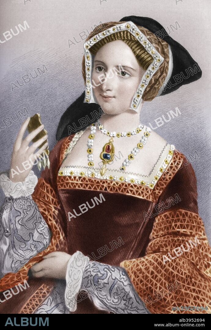 Jane Seymour (1509-1537), the third wife of King Henry VIII, 1851. From Biographical Sketches of the Queens of Great Britain, from the Norman Conquest to the Reign of Victoria, or Royal Book of Beauty, edited by Mary Howitt, Henry G Bohn, London, 1851. (Colorised black and white print).