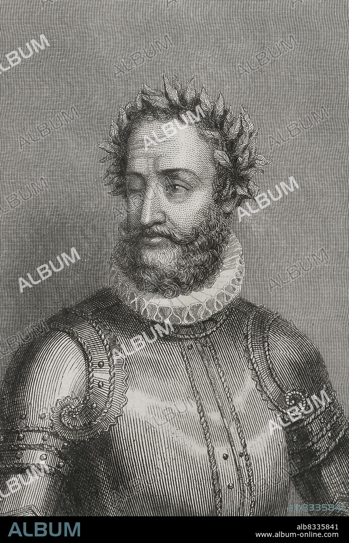 CHARLES GEOFFROY (1819-1882). FRENCH ENGRAVER.. Luis Vaz de Camoes (1524-1580). Portuguese writer and poet. Author of "Os Lusiadas" (1572). Portrait. Engraving by Geoffroy. "Historia Universal", by César Cantú. Volume V. 1856.