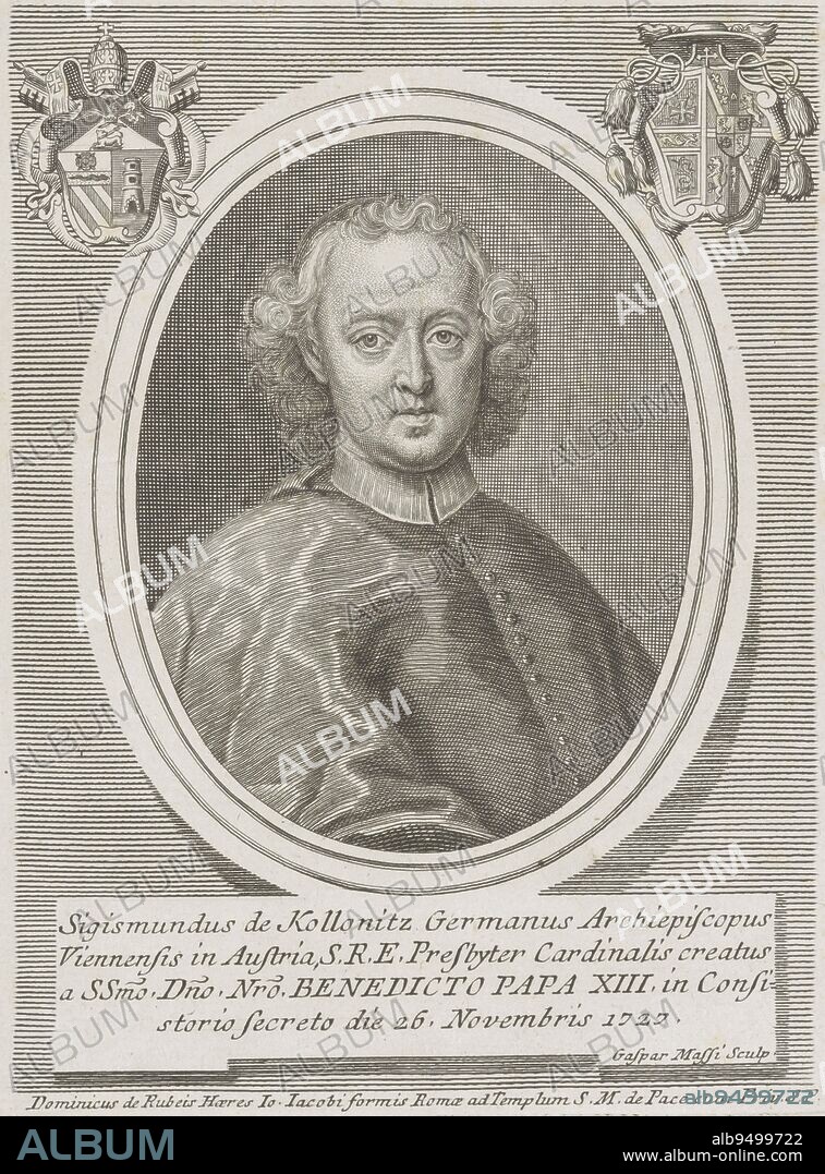 Top left and top right a coat of arms, Portrait of Cardinal Sigismund von Kollonitsch Portraits of Cardinals with two coats of arms Effigies, print maker: Gasparo Massi, (mentioned on object), publisher: Domenico de'Rossi, (mentioned on object), Pauselijk hof, (mentioned on object), print maker: Italy, publisher: Rome, Vaticaanstad, 1727 - 1731, paper, engraving, h 217 mm × w 171 mm.
