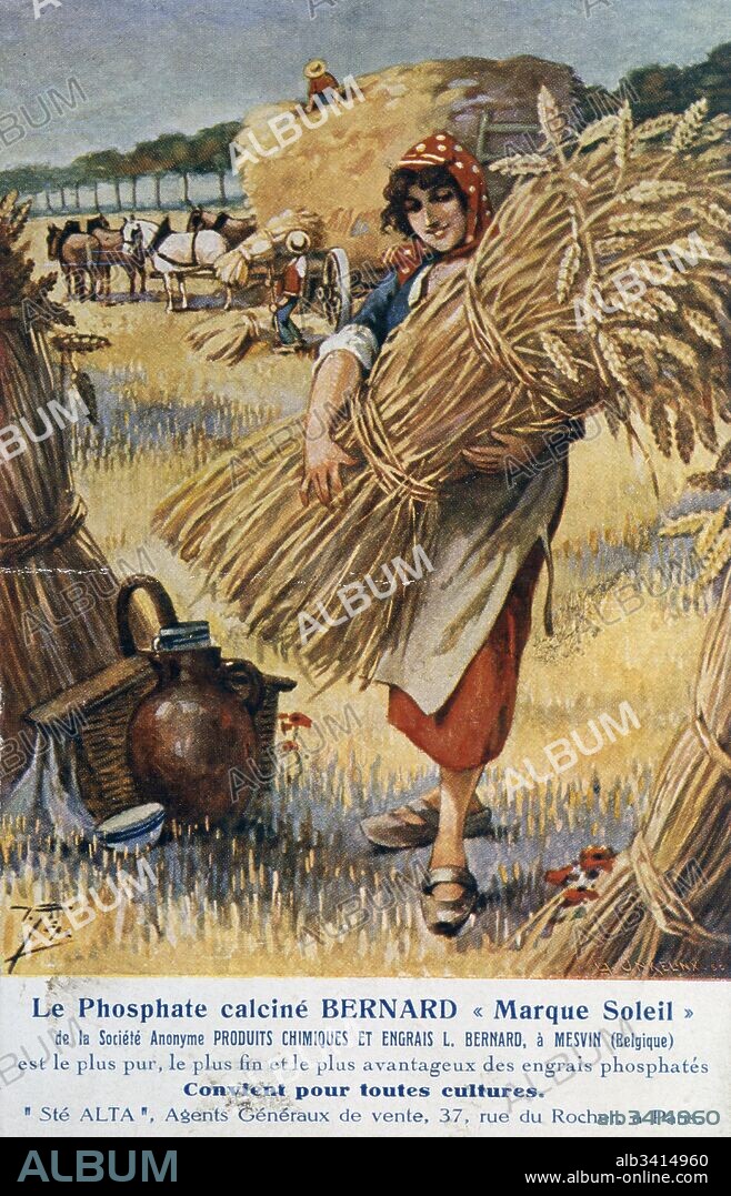 poster depicting a French female farm labourer carrying a wheat sheaf 1900.