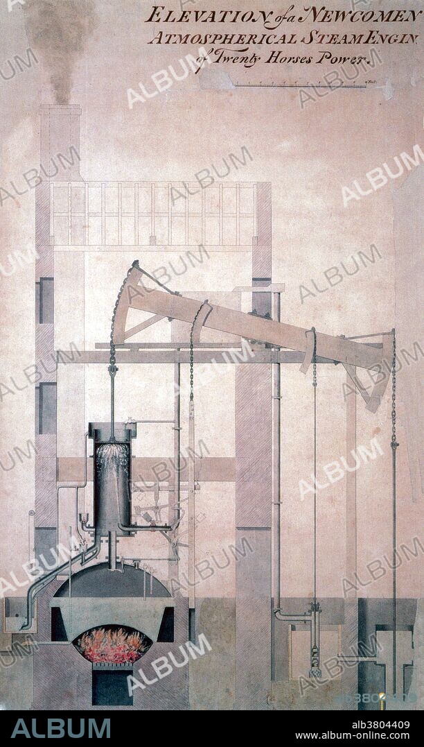 Drawing of a 20 hp Newcomen engine. The atmospheric engine invented by Thomas Newcomen in 1712, often referred to simply as a Newcomen engine, was the first practical device to harness the power of steam to produce mechanical work. Newcomen engines were used throughout Britain and Europe, principally to pump water out of mines, starting in the early 18th century. James Watt's later Watt steam engine was an improved version of the Newcomen engine. As a result, Watt is today better known than Newcomen in relation to the origin of the steam engine. Thomas Newcomen (February 1664 - August 5, 1729) was an English inventor, ironmonger by trade and a Baptist lay preacher by calling. Drawing dated 1826, but no artist credited.