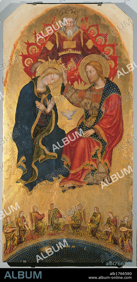 Valle Romita Polyptych, by Gentile di Niccol known as Gentile da Fabriano, 1405-1410 about, 15th Century, tempera and gold on wood, cm 157,2 x 79,5117,5 x 40 cm lower side panel, 48,9 x 37,8 cm upper side panel. Italy, Lombardy, Milan, Brera Art Gallery. Detail. Virgin Coronation Christ crowning the Virgin Mary Eternal Father God above cherubs below musicians angels, main order, central panel. Authorization required for non editorial use.