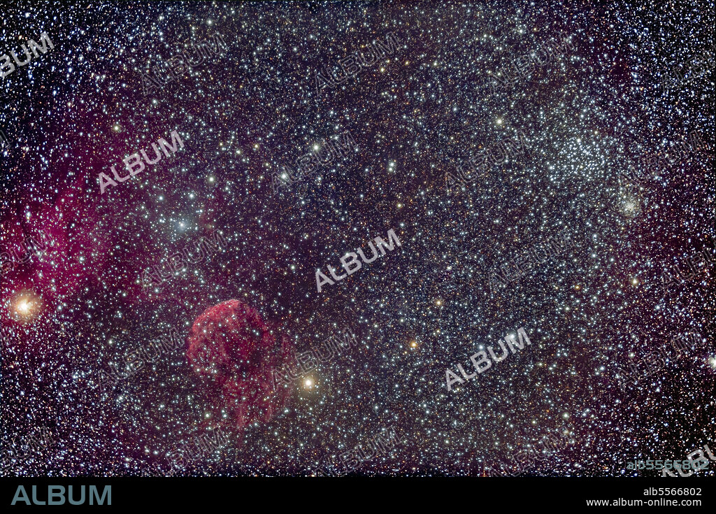 The Jellyfish Nebula (IC 443), a supernova remnant in the constellation Gemini, and associated nebulosity such as IC 444 and LDN 1565, plus the Messier open cluster Messier 35 at right, with its companion cluster NGC 2158 below it.
