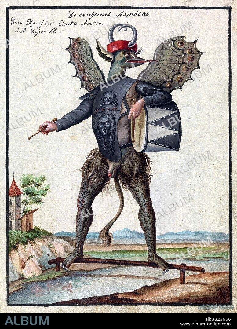 Asmodeus is a king of demons. He was supposed by some Renaissance Christians to be the King of the Nine Hells. Asmodeus also is referred to as one of the seven princes of Hell. He is the demon of lust responsible for twisting people's sexual desires. 18th century demonology book showing various demon figures, as well as magic and cabbalistic signs. The full Latin title of Compendium rarissimum totius Artis Magicae sistematisatae per celeberrimos Artis hujus Magistros, roughly translates to "A rare summary of the entire Magical Art by the most famous Masters of this Art". The bulk of the illustrations depict a varied bestiary of grotesque demonic creatures up to all sorts of appropriately demonic activities, such as chewing down on severed legs, spitting fire and snakes from genitalia, and parading around decapitated heads on sticks. In addition there are illustrations relating to necromancy, the act of communicating with the dead in order to gain information about, and possibly control, the future. Written in German and Latin, the book has been dated to around 1775, although the unknown author tried to pass it off as an older relic, mentioning the year 1057 in the title page.