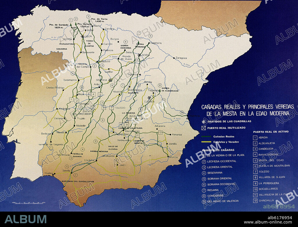 MAPA DE CAÑADAS REALES Y PRINCIPALES VEREDAS DE LA MESTA EN LA EDAD MODERNA.
