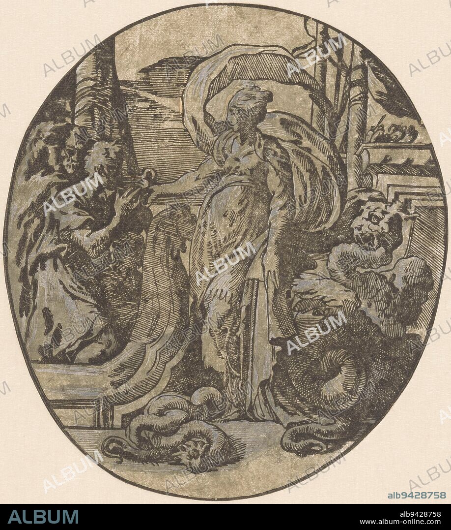 Odysseus and his men arrive on the island of the sorceress Circe. In the middle stands Circe giving the men a magic potion that will turn them into pigs, Odysseus on the island of Circe., print maker: Antonio da Trento, (possibly), intermediary draughtsman: Parmigianino, Italy, 1537 - 1550, paper, h 236 mm × w 211 mm.
