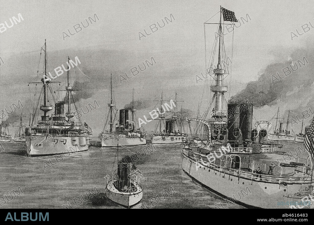 ANTONIO DE CAULA (1847-C. 1904). SPANISH ARTIST.. Guerra hispano-estadounidense (1898). Marina de Guerra de Estados Unidos. De izquierda a derecha: USS Texas, USS Cushing y USS Indiana. Ilustración por A. de Caula. Fotograbado por Laporta. La Ilustración Española y Americana, 1898.