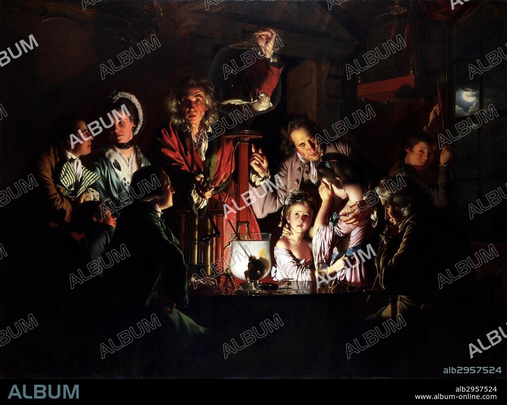 Painting titled 'An Experiment on a Bird in the Air Pump' painted by Joseph Wright (1734-1797) English landscape and portrait painting. Dated 1768.