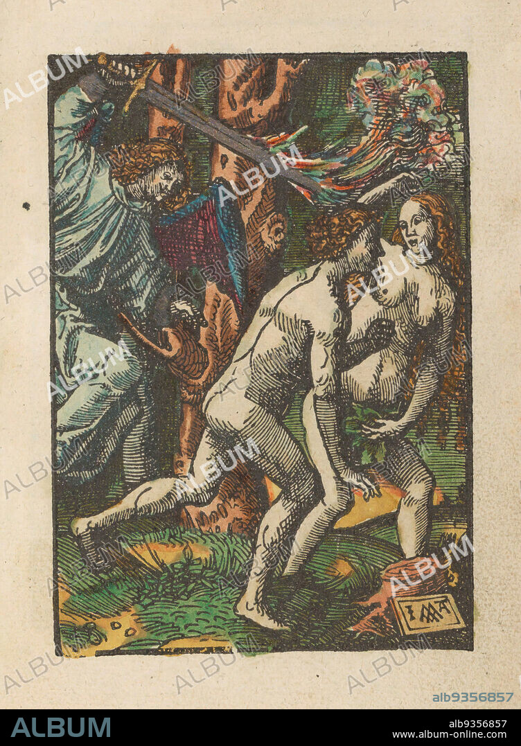Expulsion from Paradise, The Little Passion (series title), Stupid Passion (series title), Adam and Eve are expelled from Paradise by an angel with a flaming sword. Print is part of a book., print maker: Jacob Cornelisz van Oostsanen (mentioned on object), publisher: Doen Pietersz., Amsterdam, 1520 - 1521 and/or c. 1530, paper, height 111 mm × width 78 mmheight 159 mm × width 102 mm.