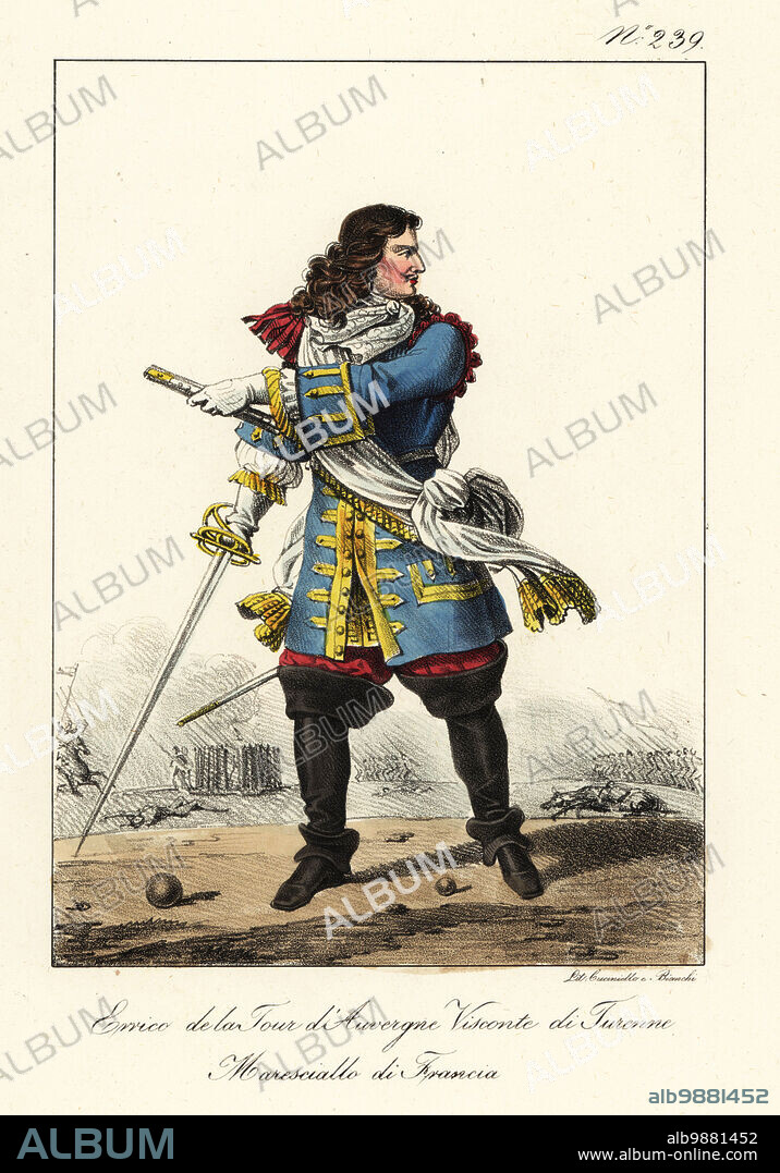 Henri de La Tour d'Auvergne, vicomte de Turenne, 1611-1675, French general and later Marshal General of France. In blue coat, with red epaulette and gold frogging, white sash, breeches, cavalier boots, with sword. With sword drawn on a battlefield. Marechal de France. Handcoloured lithograph by Lorenzo Bianchi and Domenico Cuciniello after Hippolyte Lecomte from Costumi civili e militari della monarchia francese dal 1200 al 1820, Naples, 1825. Italian edition of Lecomtes Civilian and military costumes of the French monarchy from 1200 to 1820.
