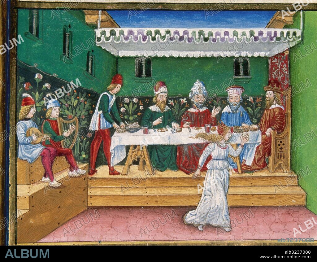 DURANTE UN BANQUETE LA HIJA DE HERODIAS, SALOME, SE PONE A BAILAR Y PIDE UN PRESENTE A HERODES: LA CABEZA DE JUAN BAUTISTA. Página miniada del Códice de Predis. Renacimiento-Quattrocento (siglo XV). Biblioteca Real. Turín. Italia.