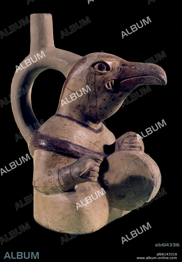 VASIJA CERAMICA CON FORMA DE PAJARO TOCANDO TAMBOR - ARTE PERUANO PRECOLOMBINO.