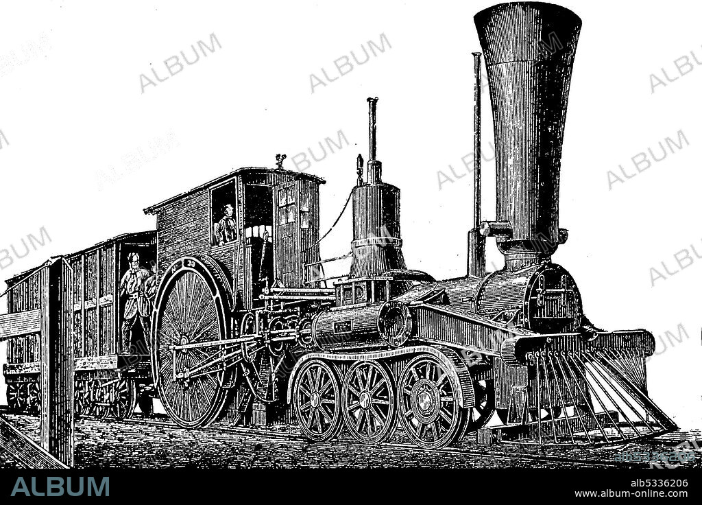 Express train locomotive from 1850, France / Schnellzug Lokomotive aus dem Jahre 1850, Frankreich, Historisch, historical, digital improved reproduction of an original from the 19th century / digitale Reproduktion einer Originalvorlage aus dem 19. Jahrhundert.