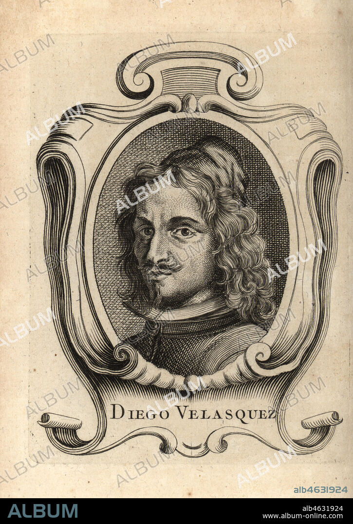 Portrait of Diego Velazquez, Spanish painter of the Spanish Golden Age 1599-1660. Copperplate engraving from Antoine-Joseph Dezallier dArgenvilles Abrege de la vie des plus fameux peintres, Lives of the most Famous Artists, de Bure lAine, Paris, 1762.